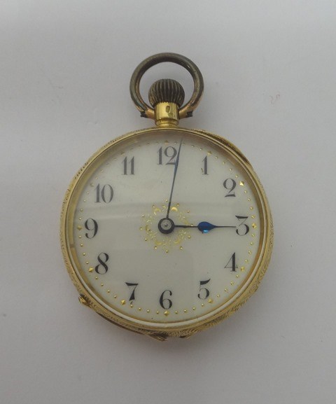 Appraisal: A lady's gold cased keyless wind openfaced fob watch with