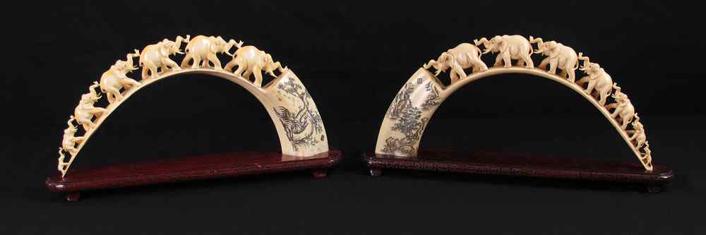 Appraisal: CARVED IVORY ELEPHANT BRIDGES Each carved from a single tusk