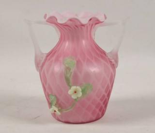 Appraisal: AMERICAN QUILTED SATIN GLASS VASE WITH APPLIED FLOWERS AMERICAN QUILTED