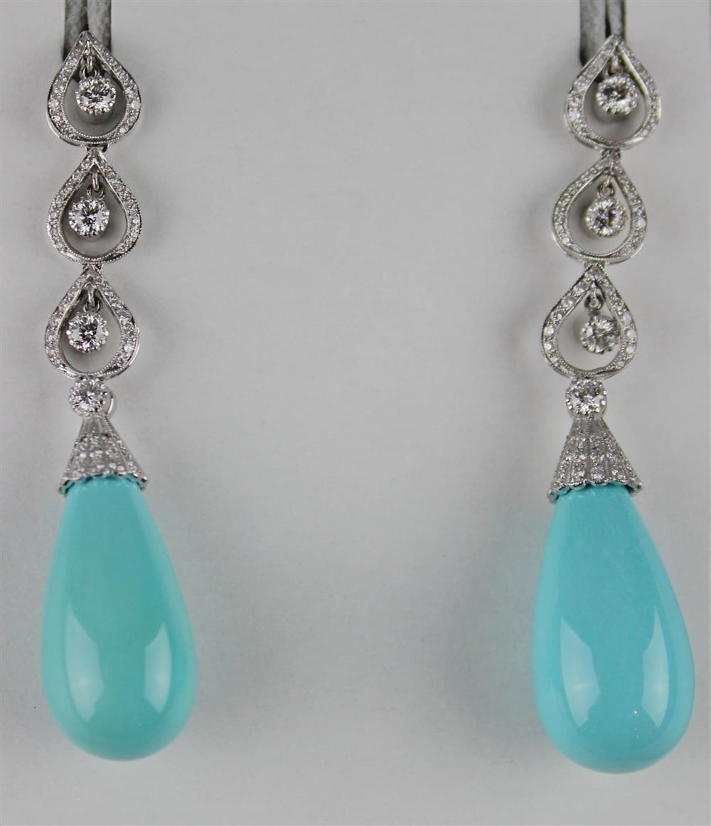 Appraisal: K WHITE GOLD DIAMOND AND PERSIAN TURQUOISE DROP EARRINGS formed