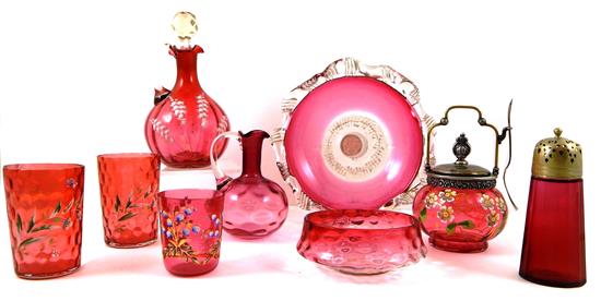 Appraisal: GLASS th C cranberry glass some enameled nine pieces handled