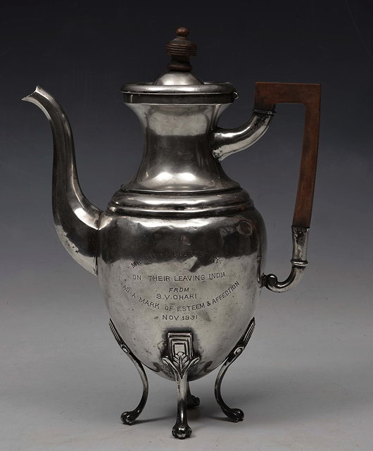 Appraisal: AN INDIAN SILVER COFFEE POT baluster shaped and standing on