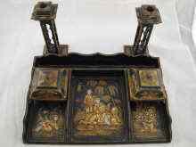 Appraisal: A black and gilt lacquered five piece desk set including