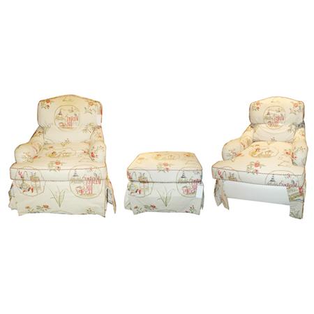 Appraisal: Pair of Upholstered Club Chairs and an Ottoman en Suite