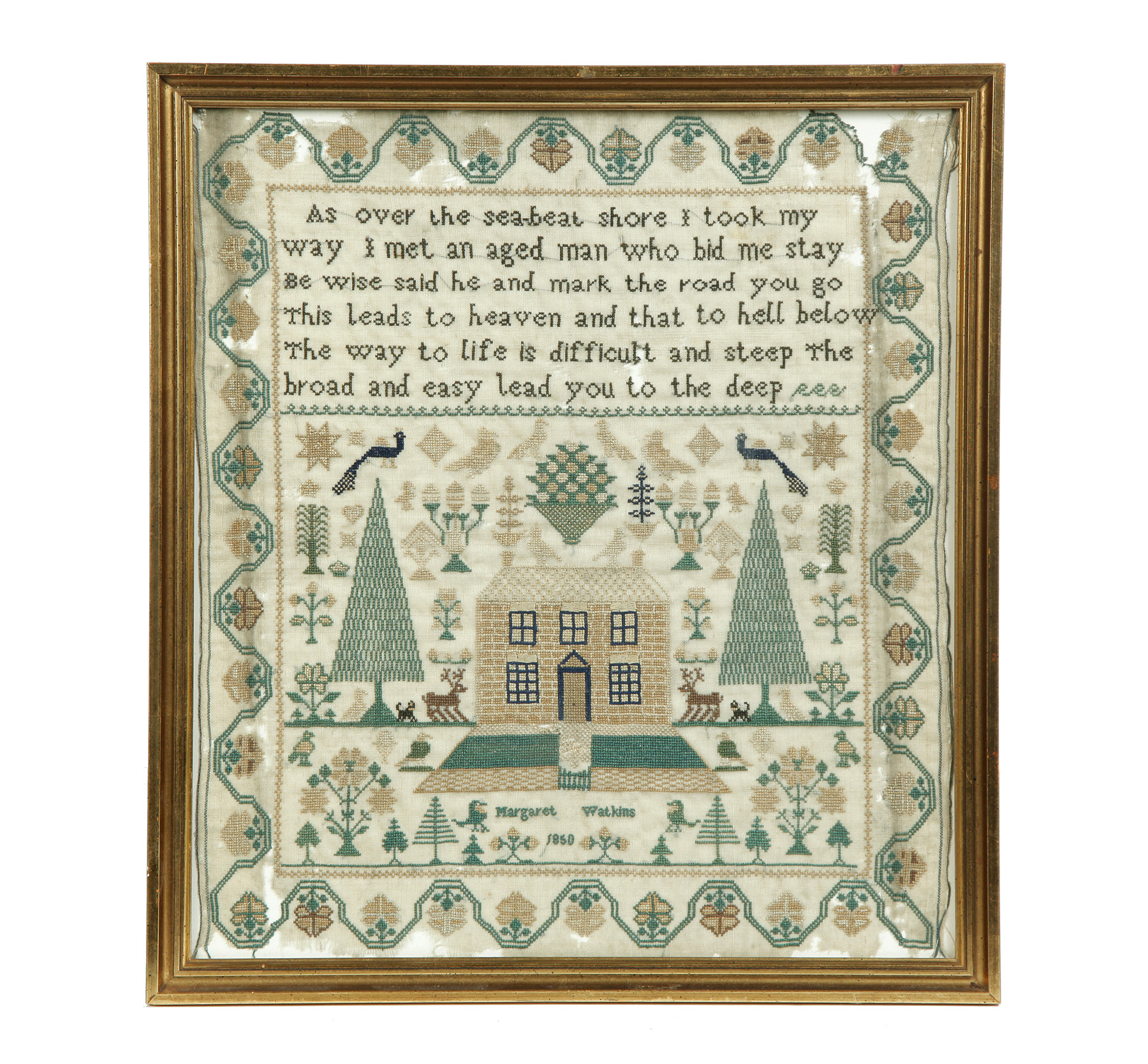 Appraisal: FRAMED SAMPLER BY MARGARET WATKINS DATED England Green gold black