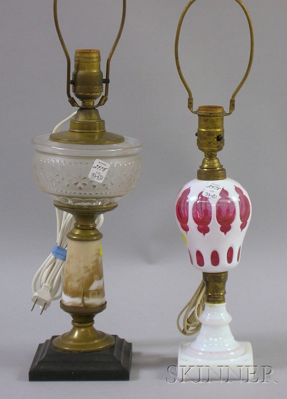 Appraisal: Two Electrified Glass Lamps one white over pink overlay with