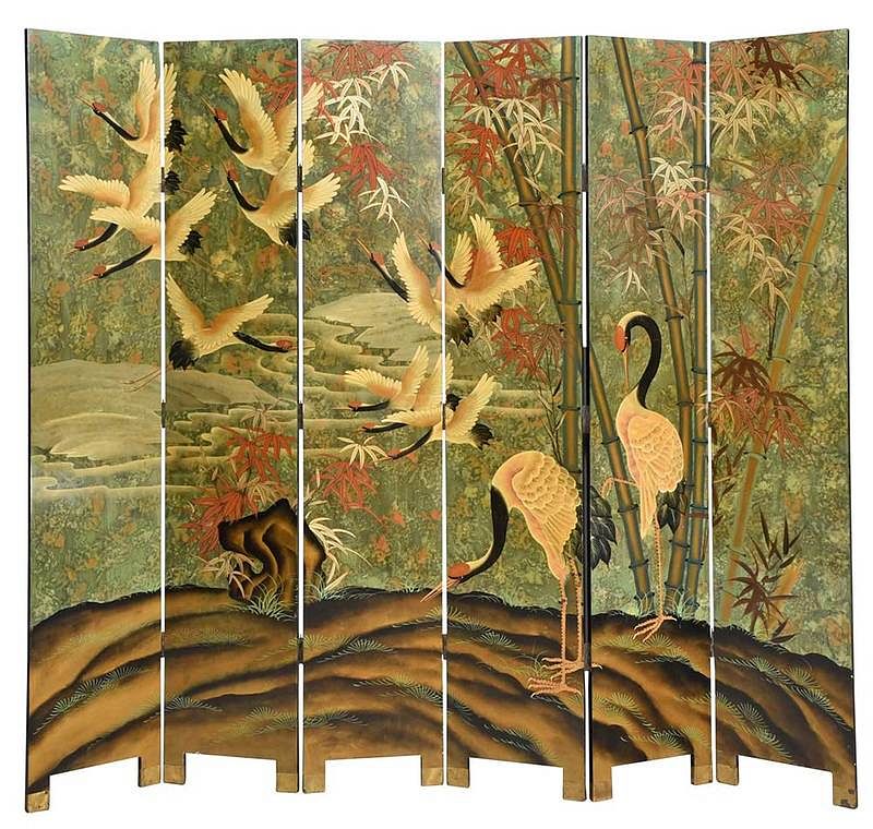 Appraisal: Six Panel Painted Lacquer Screen Asian probably Japanese early th