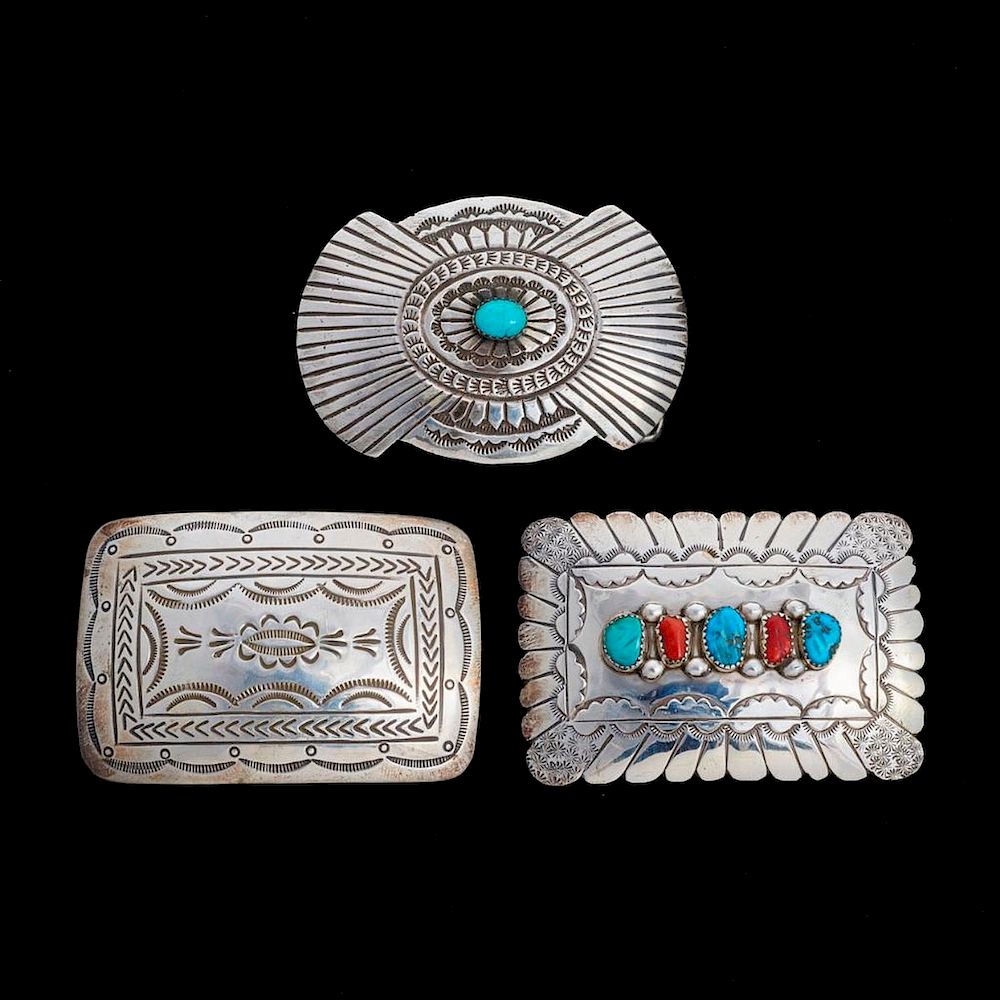 Appraisal: NAVAJO BELT BUCKLES Three Vintage old pawn Southwest Silver Belt