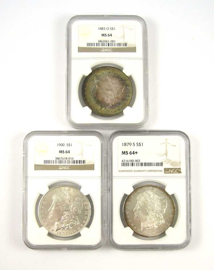 Appraisal: THREE U S SILVER MORGAN DOLLARS individually cased and graded