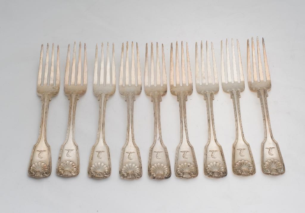 Appraisal: SET OF NINE WILLIAM IV SILVER TABLE FORKS WILLIAM CHAWNER