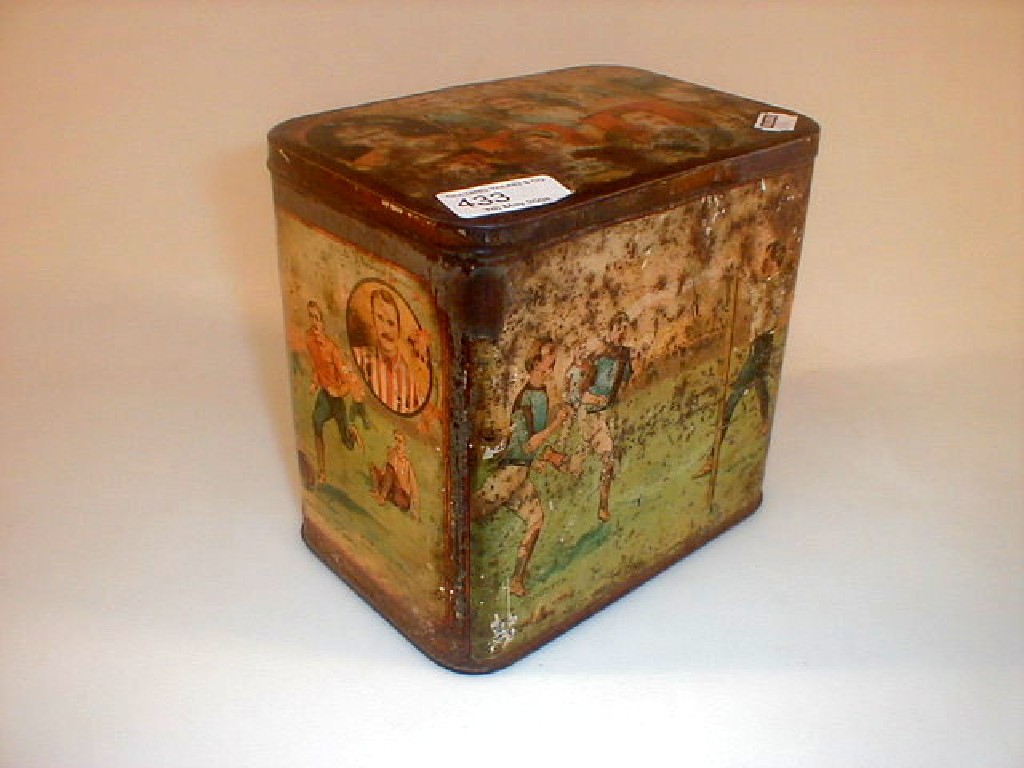 Appraisal: A old lithographed biscuit tin with scenes of Aston Villa