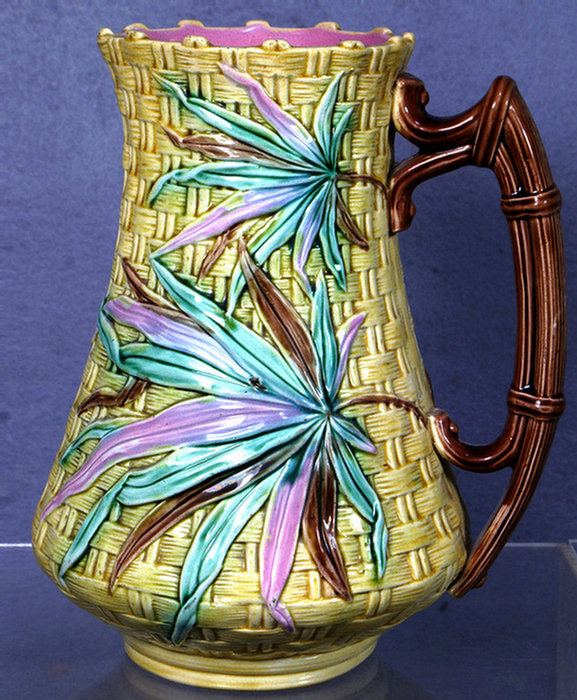 Appraisal: English majolica pitcher basket weave and palm leaf pattern registry