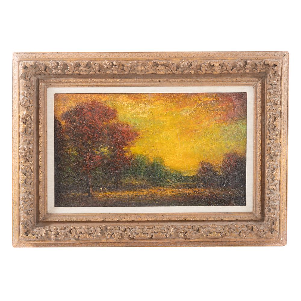 Appraisal: American School Sunset Landscape Oil on canvas signed lr x