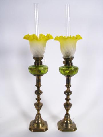 Appraisal: Pair of Victorian Brass and Glass Lamps with green fonts