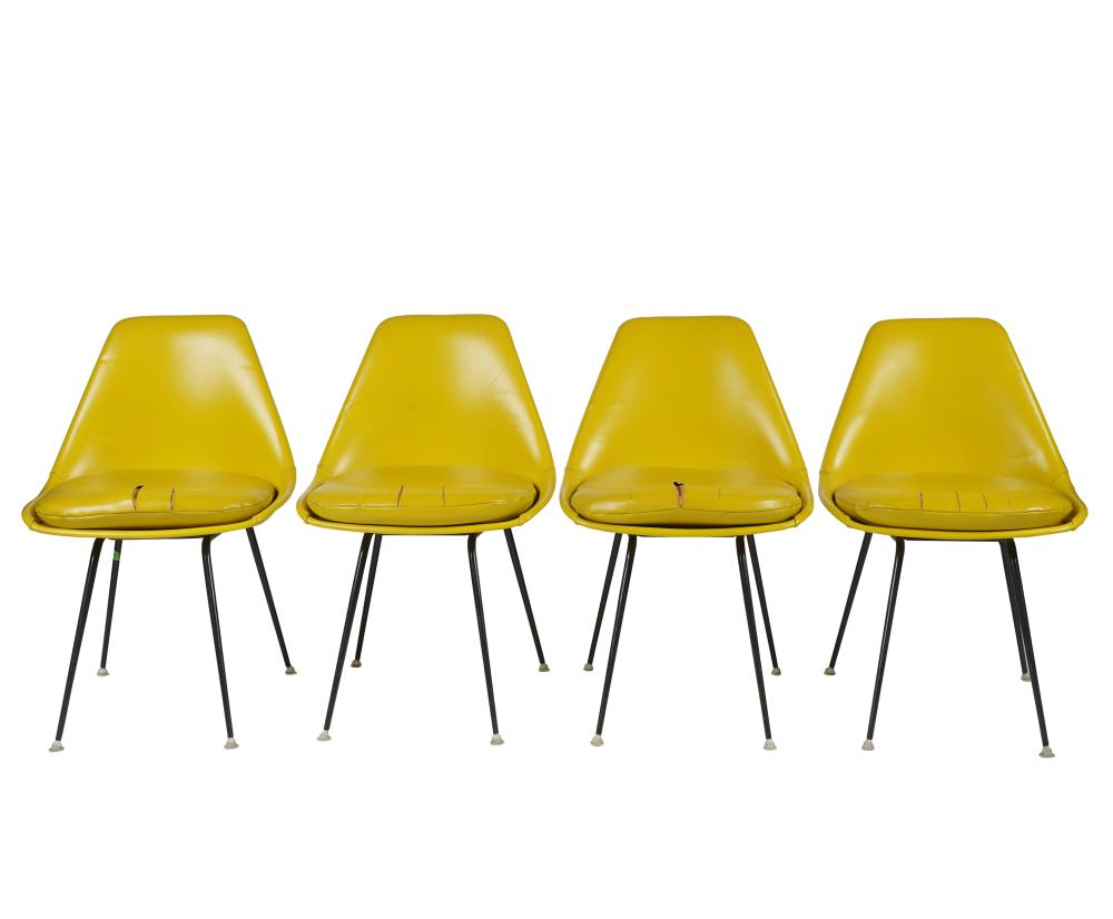 Appraisal: SET OF FOUR KNOLL-STYLE BUCKET CHAIRSunsigned yellow vinyl and black-painted