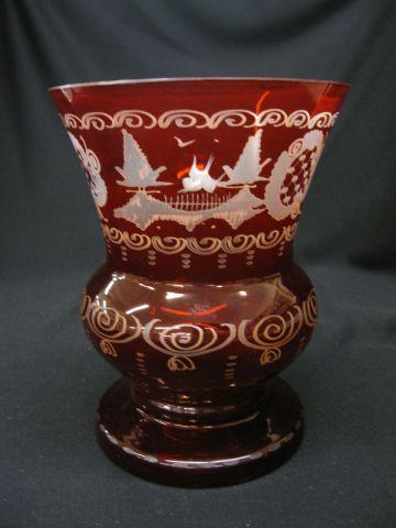 Appraisal: Bohemian Ruby Cut-to-Clear Glass Vase deer castle motif excellent