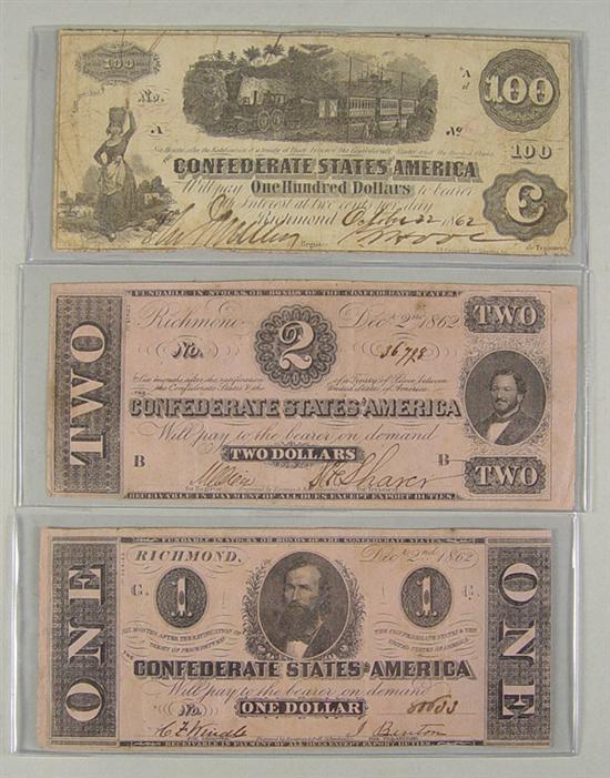 Appraisal: Three Scarce Confederate Notes Note VG dated Interest Paid stamped