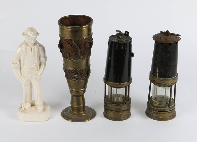 Appraisal: TWO OLD BRASS BLACK PAINTED MINERS LAMPS one marked Richard