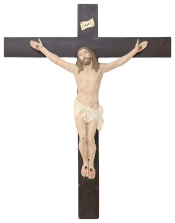 Appraisal: Crucifix painted cast iron Corpus Christi wood cross approx h