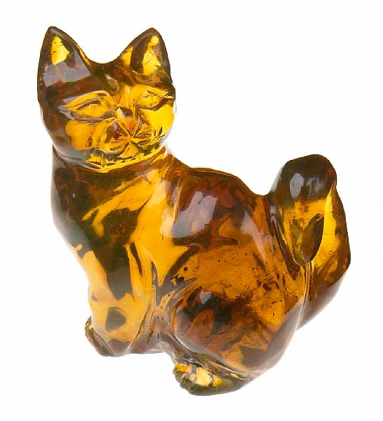 Appraisal: Green Amber Cat Carving Dominican Republic Beautifully sculpted of fine