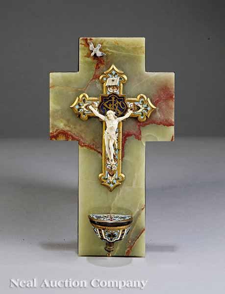 Appraisal: An Antique French Green Onyx and Champl ve Enamel Crucifix