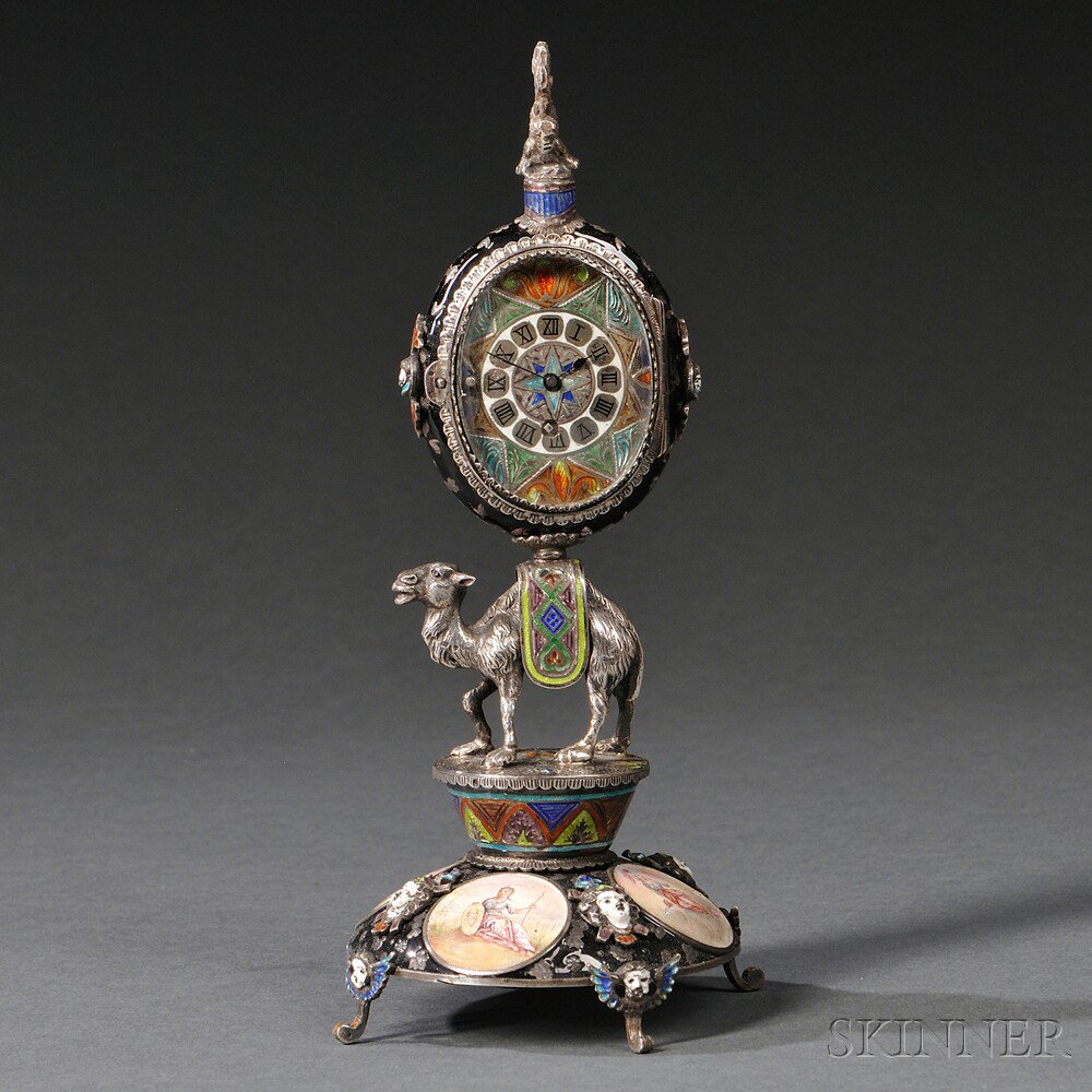 Appraisal: Viennese Silver and Enamel Camel-form Clock Austria late th century