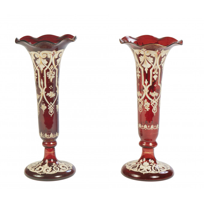 Appraisal: Pair of Bohemian Enameled Ruby Glass Trumpet Vases th c