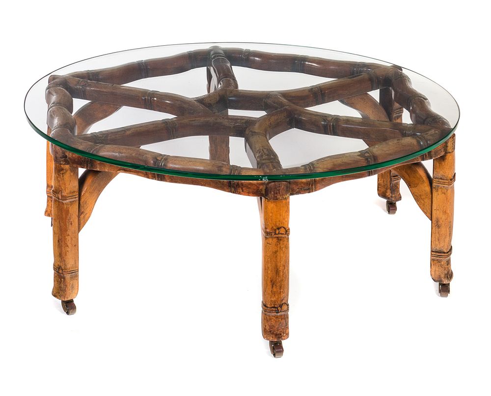 Appraisal: Chinese Bamboo Carved Table with Round Glass Top Chinese bamboo