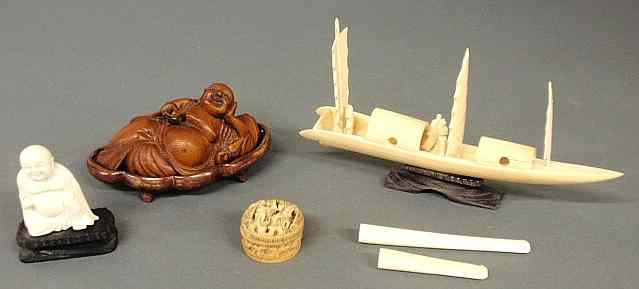 Appraisal: Group of oriental carved ivory items- Buddha small covered box