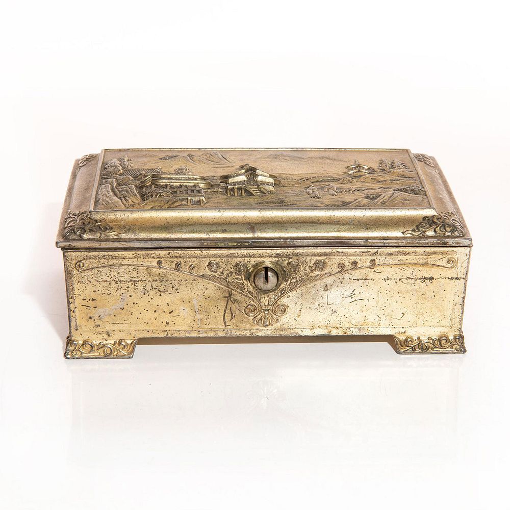 Appraisal: BRONZE CHINESE JEWELRY BOX WITH LANDSCAPE SCENE Hand crafted with