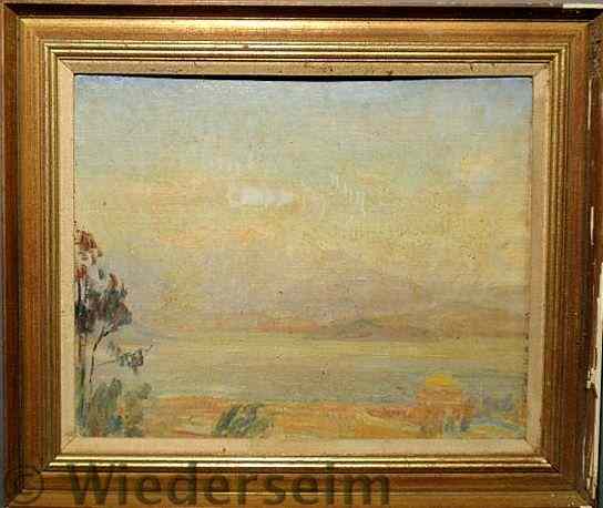 Appraisal: Oil on board mountain landscape painting in pastel colors unsigned