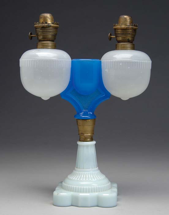 Appraisal: SANDWICH DOUBLE KEROSENE LAMP Top section having two clam broth