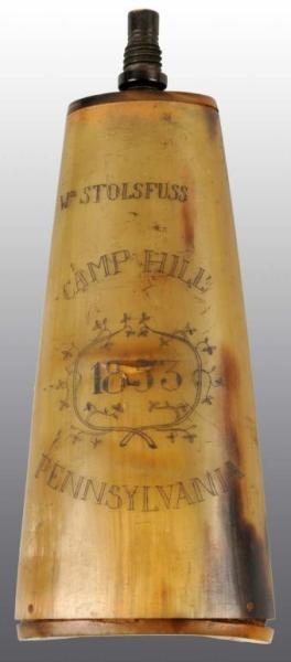 Appraisal: Unique Stand-Up Powder Horn Flask Description Engraved WM Stoltsfuss Camp