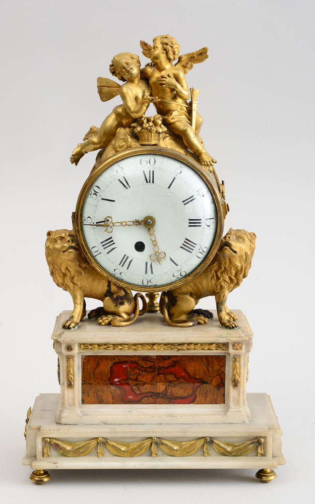 Appraisal: LOUIS XVI ORMOLU-MOUNTED MARBLE MANTLE CLOCK The movement signed Dukesdrey