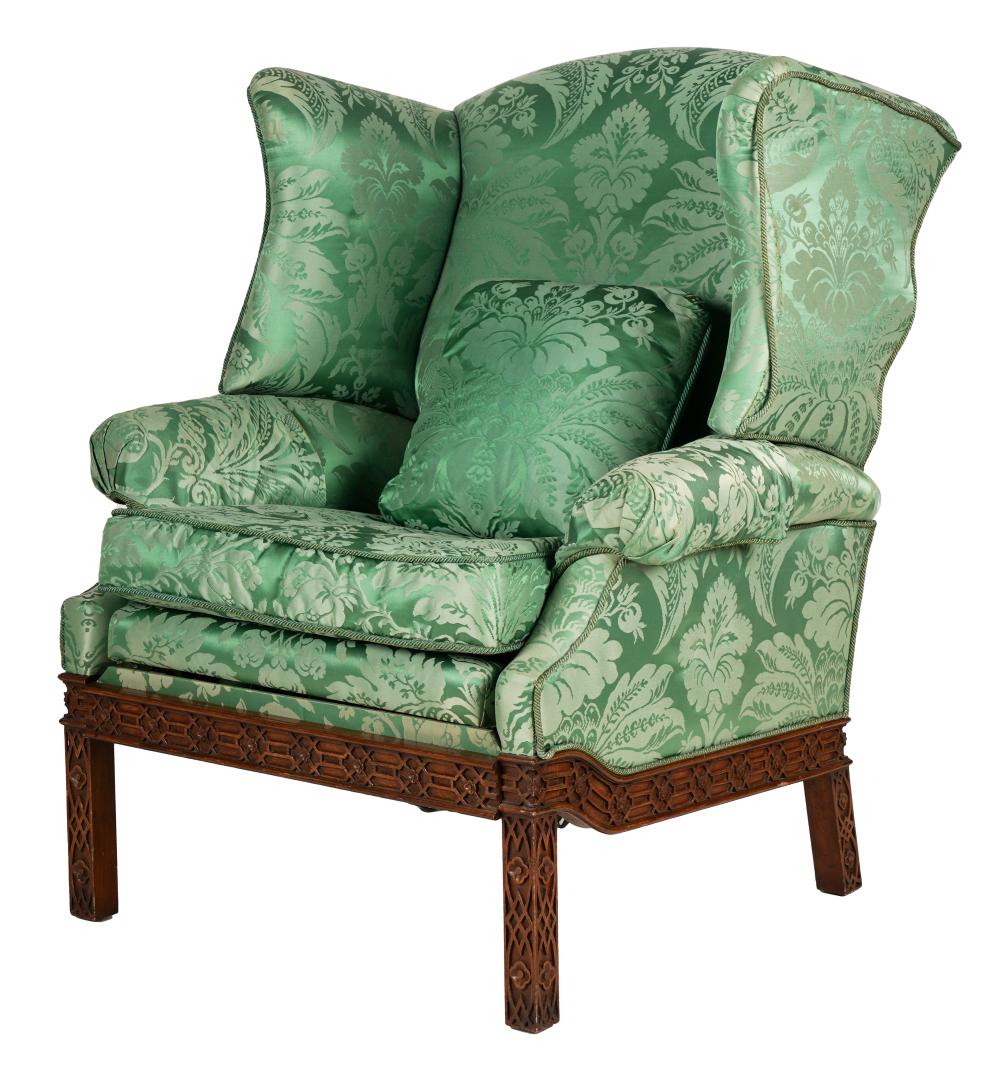 Appraisal: CHINESE CHIPPENDALE-STYLE RECLINING WING CHAIRcovered with green damask inches wide