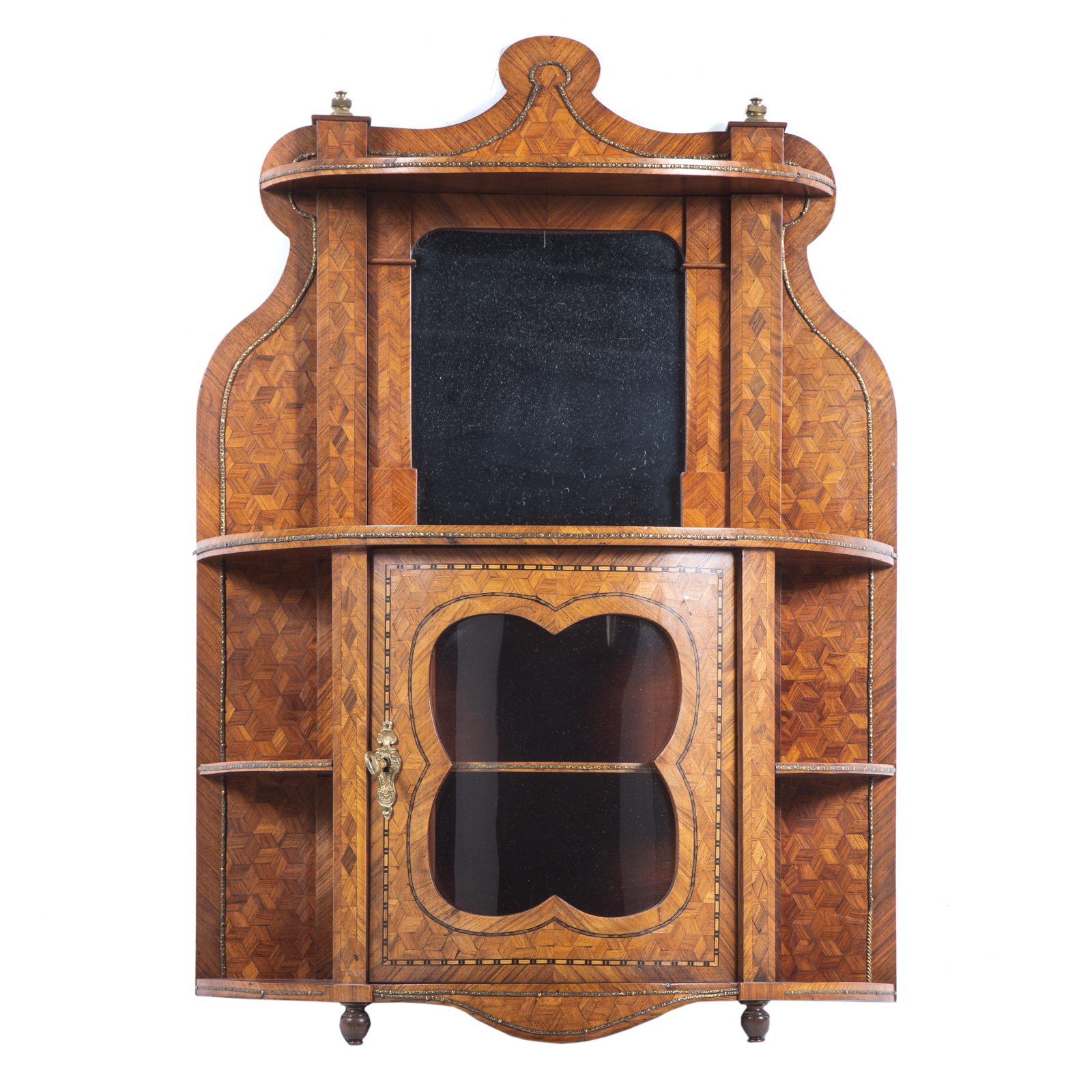 Appraisal: CONTINENTAL MARQUETRY MIRRORED HANGING CURIO SHELF Early th century elaborate