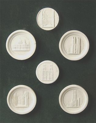 Appraisal: Six architectural plaster medallions depicting 'Westminster Abbey' 'St Pauls Cathedral'