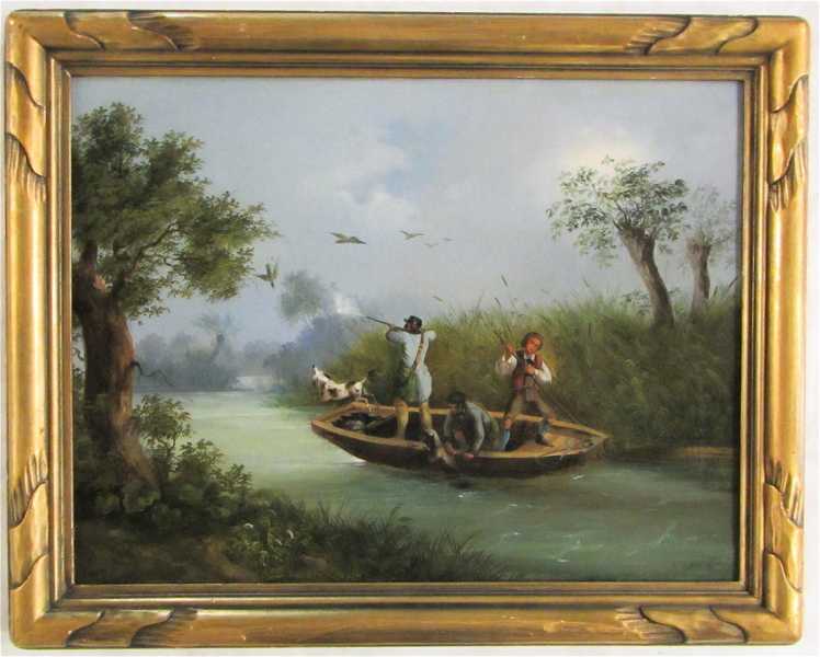 Appraisal: DUCK HUNTING OIL ON CANVAS three men in a boat