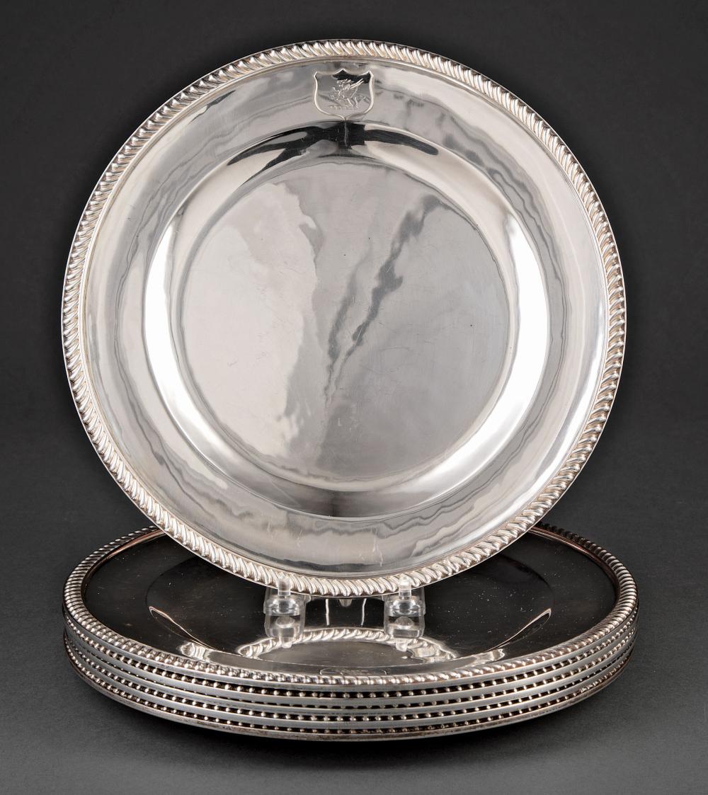 Appraisal: Six Antique English Silverplate Service Plates gadrooned border applied shield