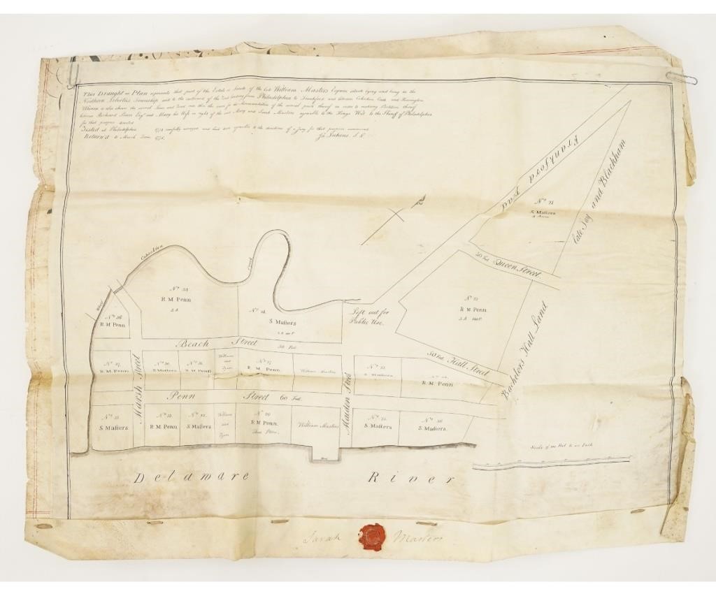 Appraisal: Large indenture on vellum Sarah Masters and draft plan of