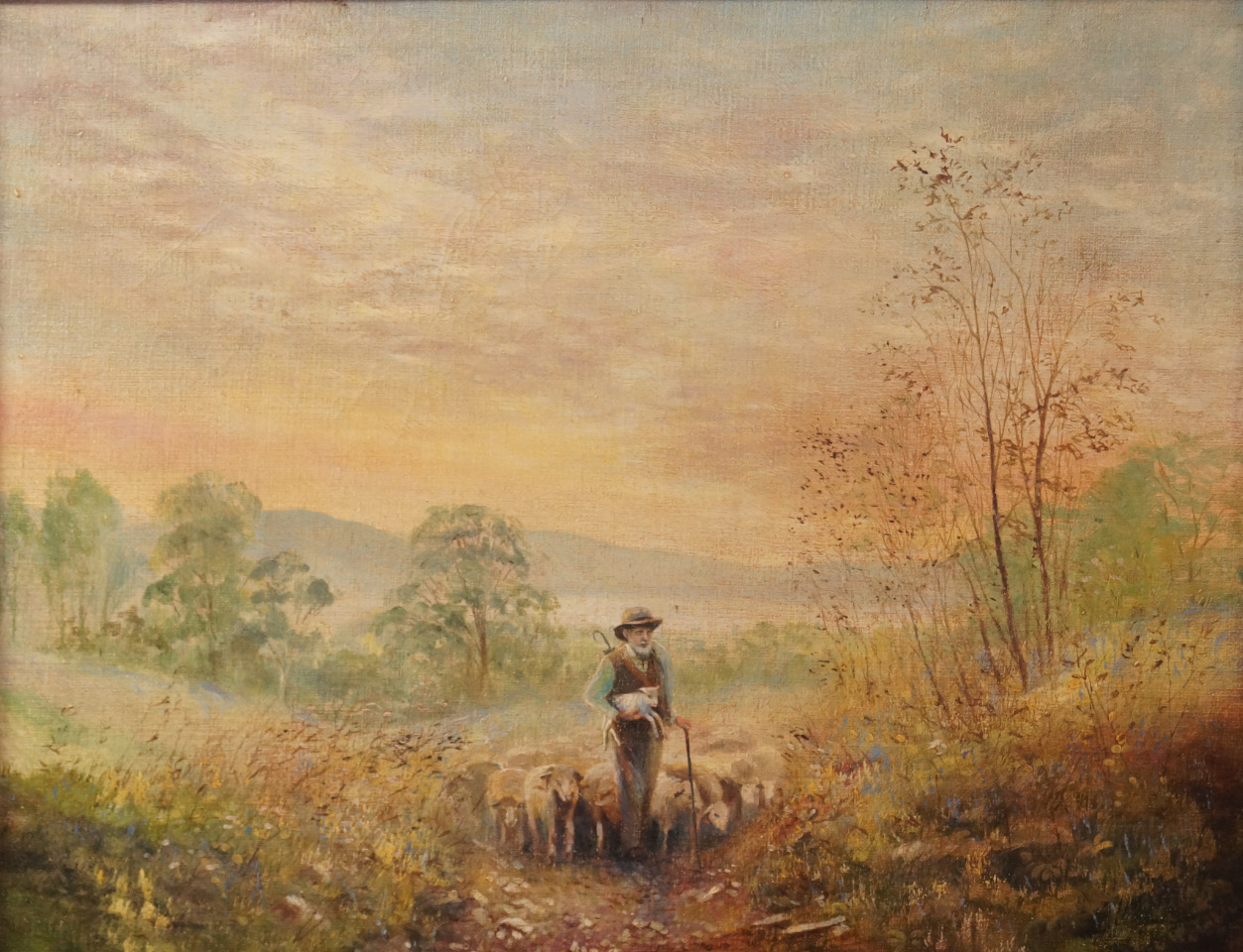 Appraisal: English School thC Shepherd and sheep at sunset oil on