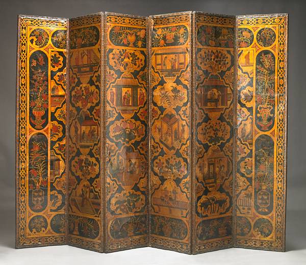 Appraisal: A chinoiserie decorated leather six panel floor screen th th