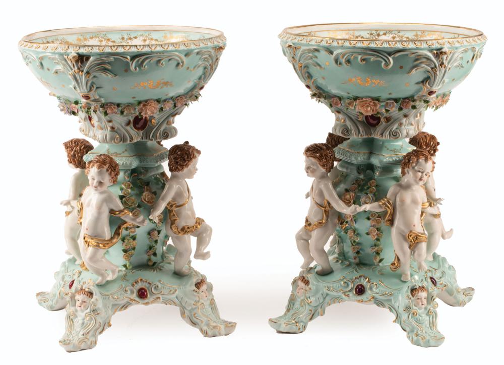 Appraisal: Pair of Dresden Polychrome and Gilt Porcelain Figural Compotes th