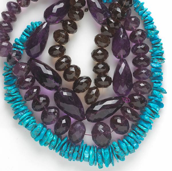 Appraisal: A collection of turquoise amethyst and smokey quartz beads