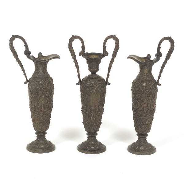 Appraisal: RENAISSANCE REVIVAL THREE-PIECE PATINATED METAL GARNITURE CA TH CENTURY Patinated