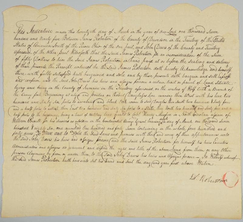 Appraisal: Gen James Robertson Signed Sale of Land to John Davis