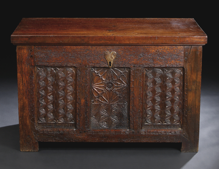 Appraisal: Continental Carved Walnut and Oak Coffer early th century the