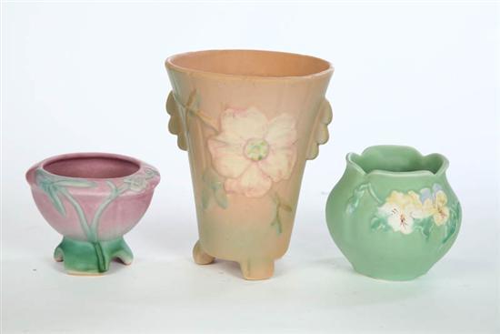 Appraisal: THREE WELLER VASES A pink footed vase in Wild Rose