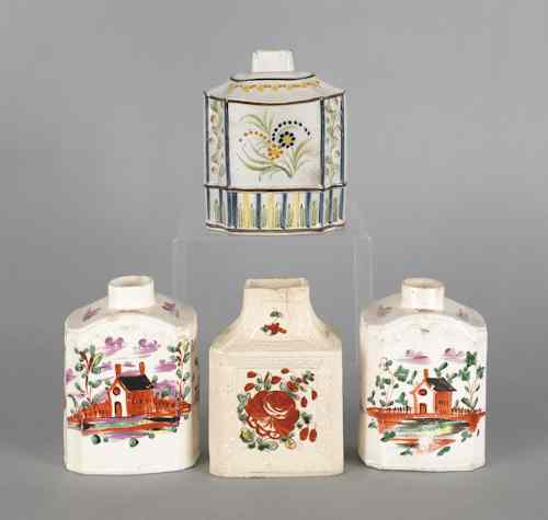 Appraisal: Four English creamware and pearlware tea caddies ca with polychrome