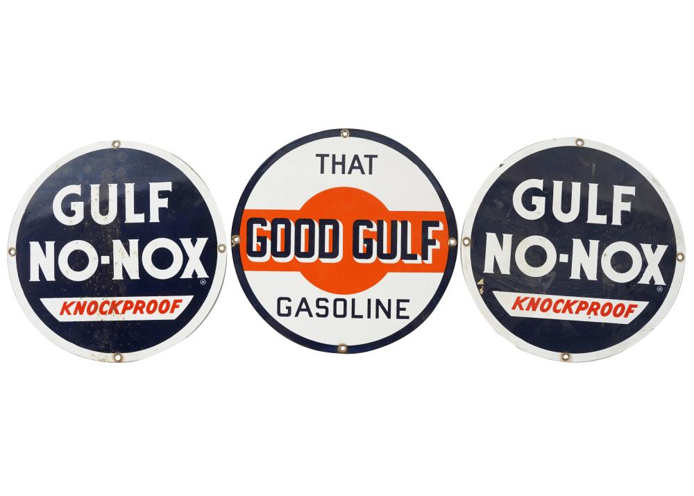 Appraisal: THREE GULF ADVERTISING SIGNSComprising two Gulf No-Nox and That Good